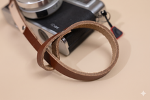Load image into Gallery viewer, Personalized leather camera wrist strap with vintage camera