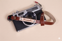 Load image into Gallery viewer, Personalized black leather camera wrist strap