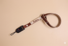 Load image into Gallery viewer, Personalized tan leather camera wrist strap